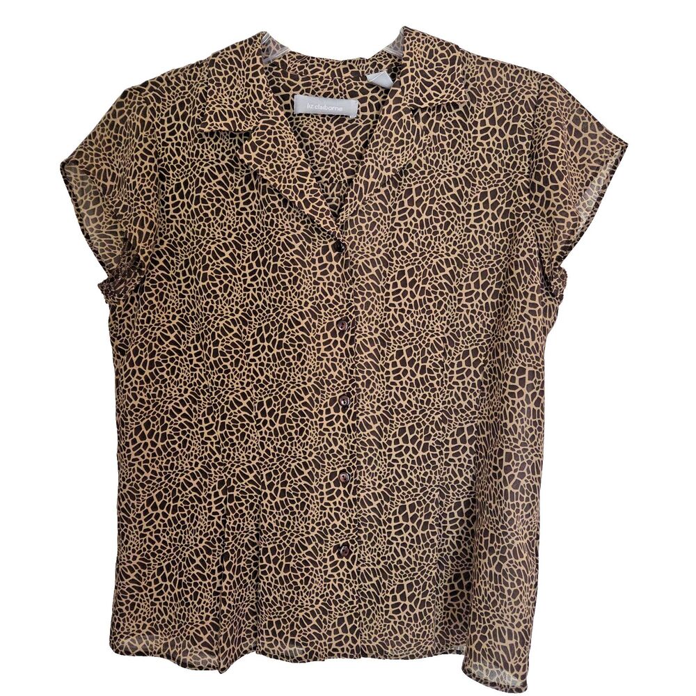 Liz Claiborne Womens Petite 12 Brown Animal Print Button Up Shirt Short Sleeve